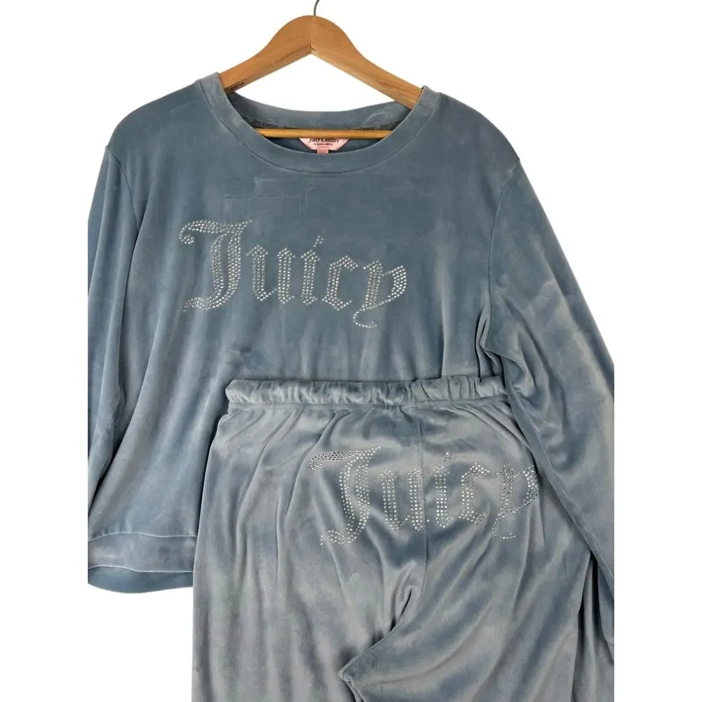 Juicy Couture Velour Pajama Set Sz Large Blue Rhinestone Logo Loungewear